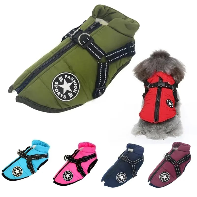 Waterproof winter dog jacket with built-in harness