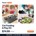 Cat Feeding & Play Kit — 4 pieces: rolling ball, elevated bowl, spill mat, puzzle feeder. $74.99, was $92.96