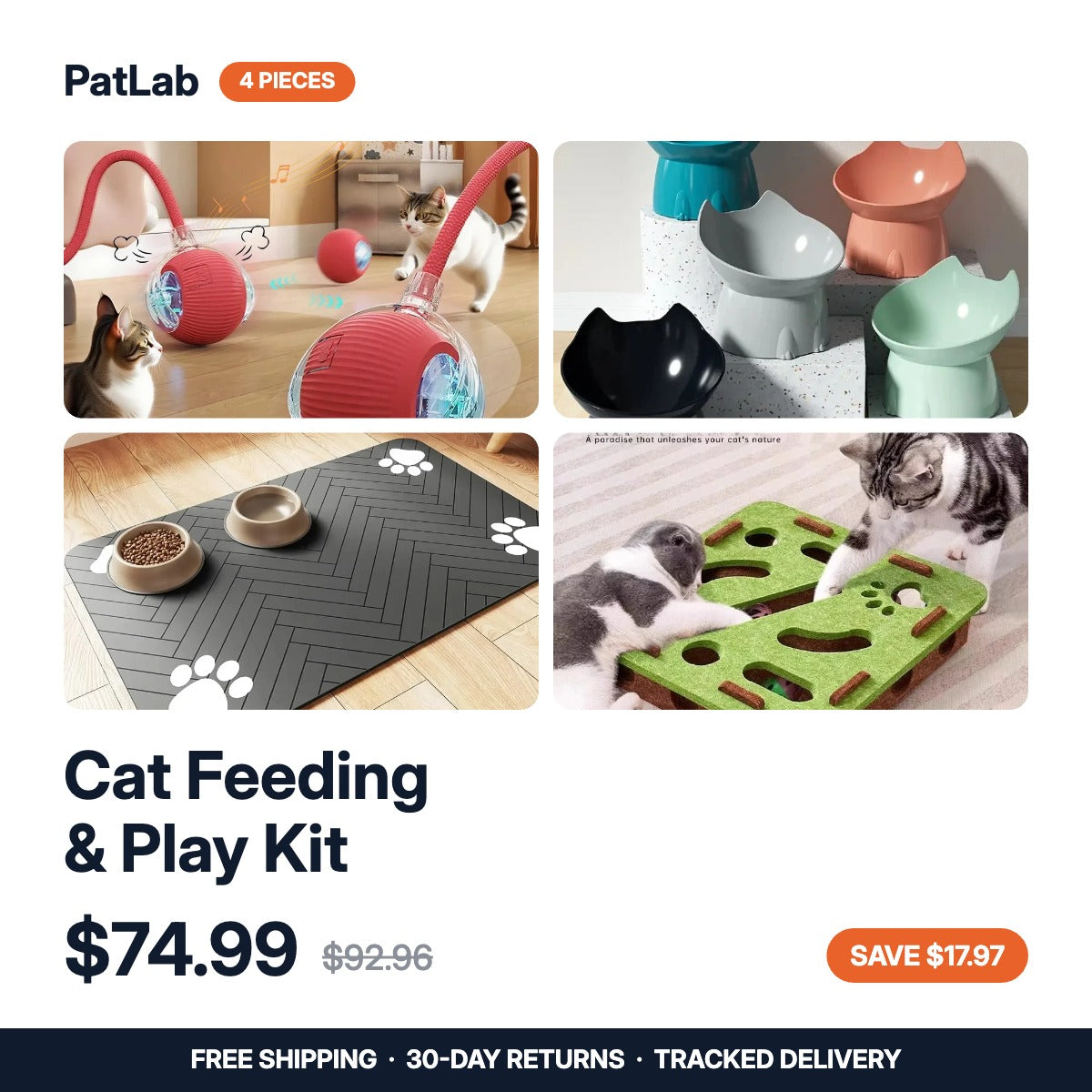 Cat Feeding & Play Kit — 4 pieces: rolling ball, elevated bowl, spill mat, puzzle feeder. $74.99, was $92.96