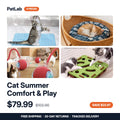 Cat Summer Comfort & Play Set — 4 pieces: cooling gel pad, cooling cushion, rolling ball, puzzle feeder. $79.99, was $102.96