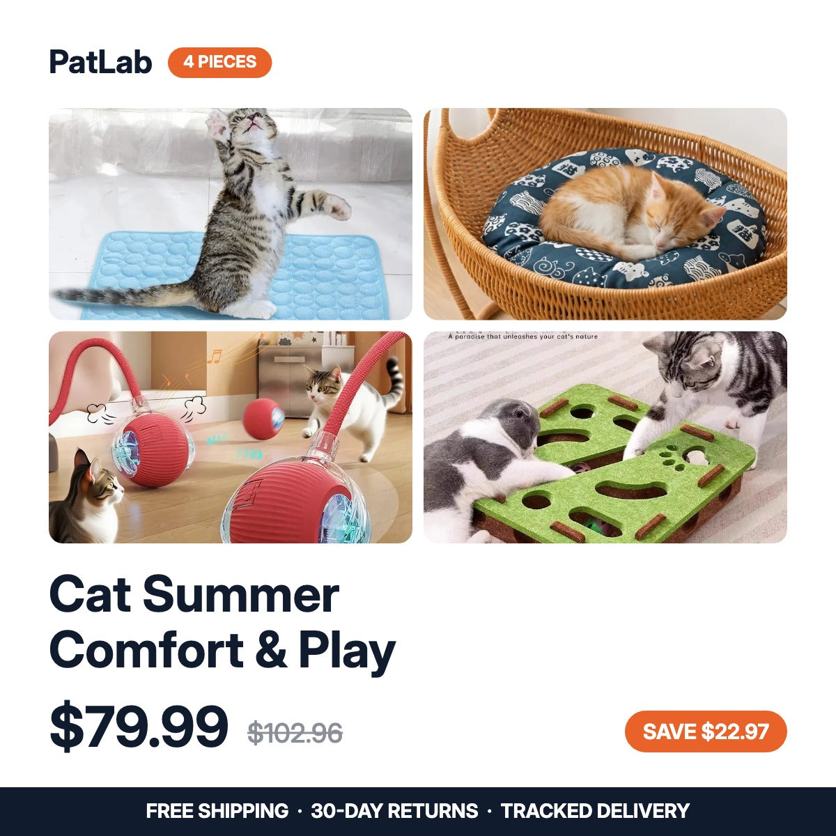 Cat Summer Comfort & Play Set — 4 pieces: cooling gel pad, cooling cushion, rolling ball, puzzle feeder. $79.99, was $102.96